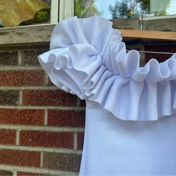 New York & Company White Scuba Knit Ruffle Off the Shoulder Bodycon Mini Dress - Picture 3 of 7